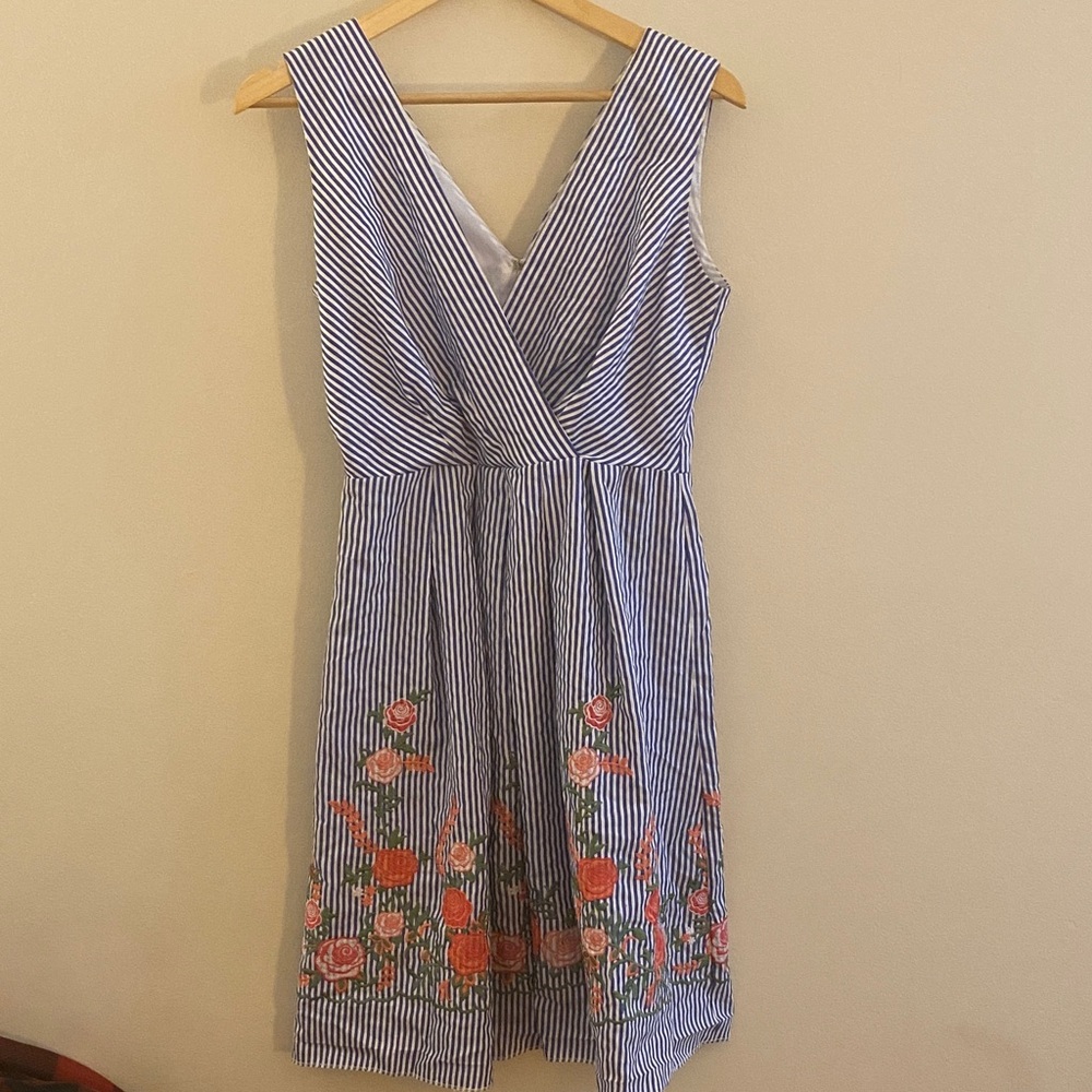 Striped Blue and White Kids Dress with Floral Embroidery